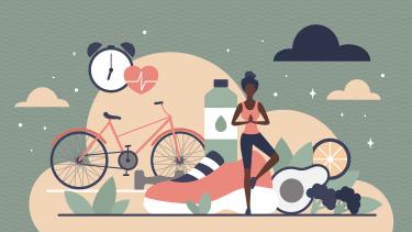 iStock-Healthy Lifestyle Girl choosing healthy lifestyle, practicing yoga near sport equipment, vegetables stock illustration