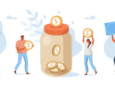 People putting money into a big jar