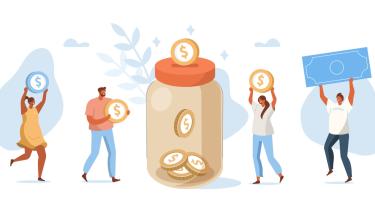 People putting money into a big jar