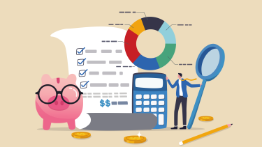 Finance Budget Budget planning graphic investment balance sheet, debt calculation and analysis, businessman with magnifier planning budget with calculator and chart.